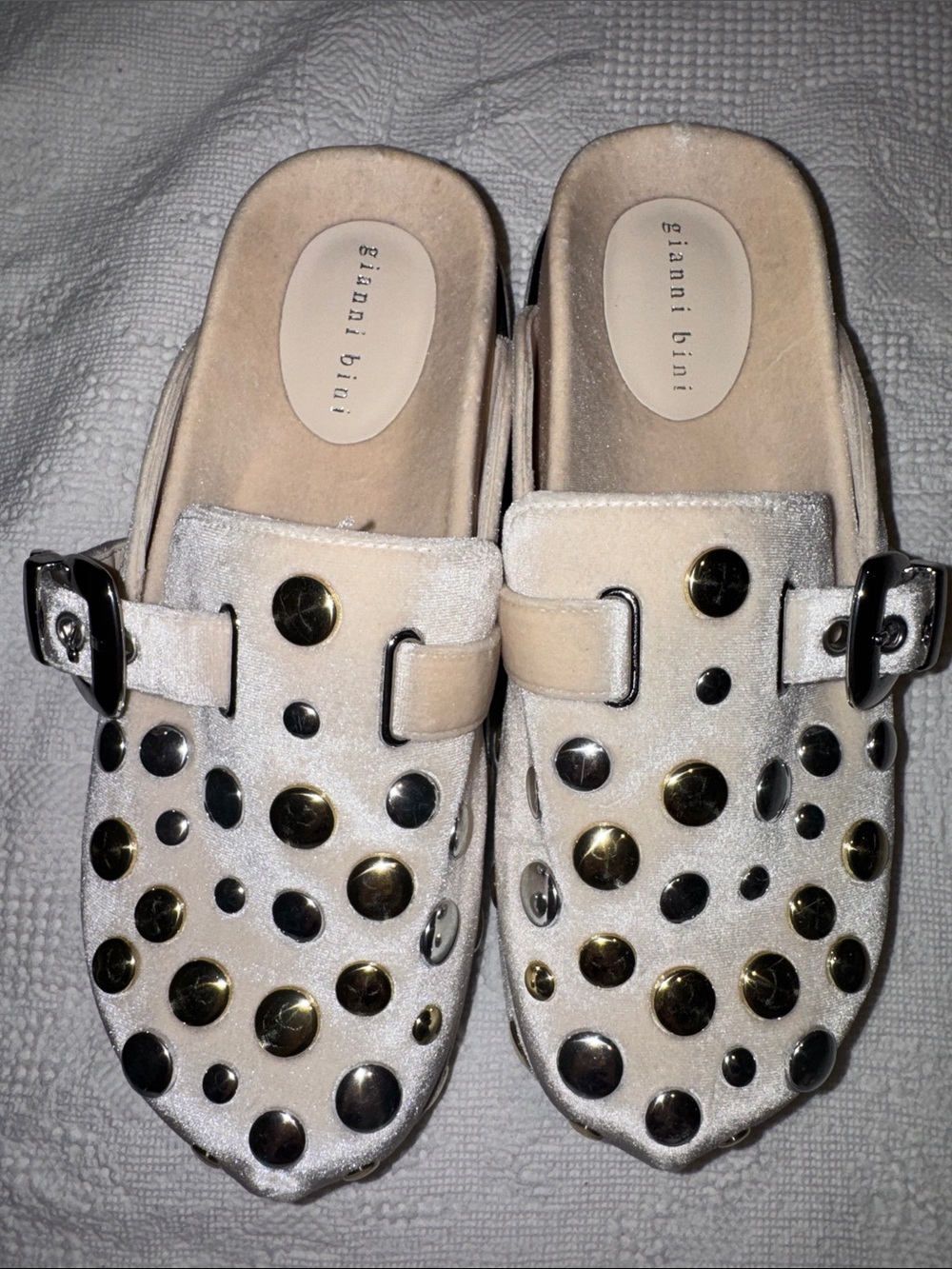 Gianni Bini Cream Slip-On Mules with Gold & Silver Studs